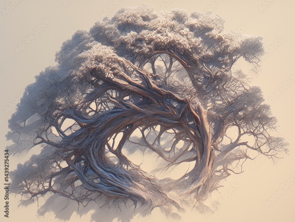 Poster intricate, snow-covered tree with twisting branches forming a unique shape