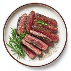 Sliced steak with rosemary isolated on white background