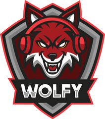 Fototapeta premium Fierce red wolf logo with angry head, sharp teeth, glowing eyes, and bold 'WOLFY' text in a shield shape, gaming mascot design in red and gray vector art