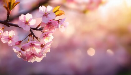 Obraz premium Delicate pink cherry blossoms in full bloom on a branch, set against a softly blurred, sunlit background.