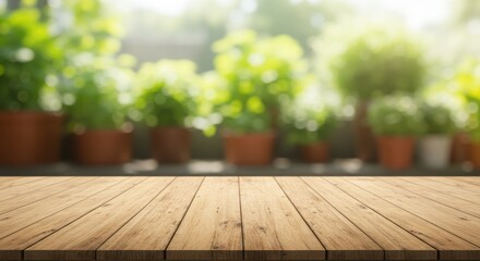 Wooden table with blurred potted plants background offers natural beauty