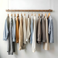 close up of clothes hanging on white wall