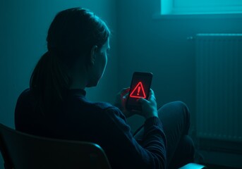 Young woman stares at phone with red warning sign in a dark room