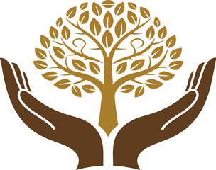 Minimalist logo design featuring two brown hands cradling a golden brain shaped tree for mental health and wellness 