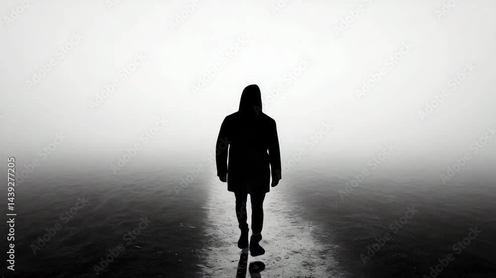 Poster a person walking alone on a foggy path surrounded by misty trees and mysterious atmosphere