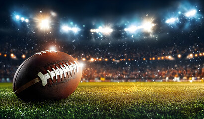 A close-up of an American football resting on the field with stadium lights twinkling in the background, symbolizing competition and teamwork.