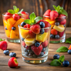 close up of fruits in glass on table