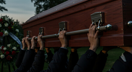 Pallbearers Carrying a Mahogany Casket at a Funeral Service