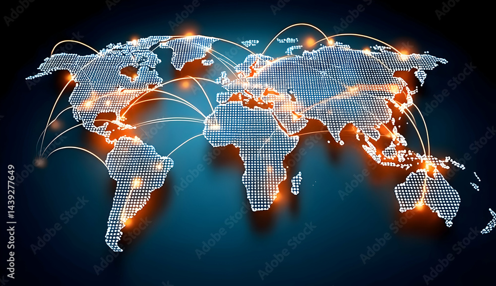 Poster a digital representation of the world map showcasing global connectivity through interconnected line