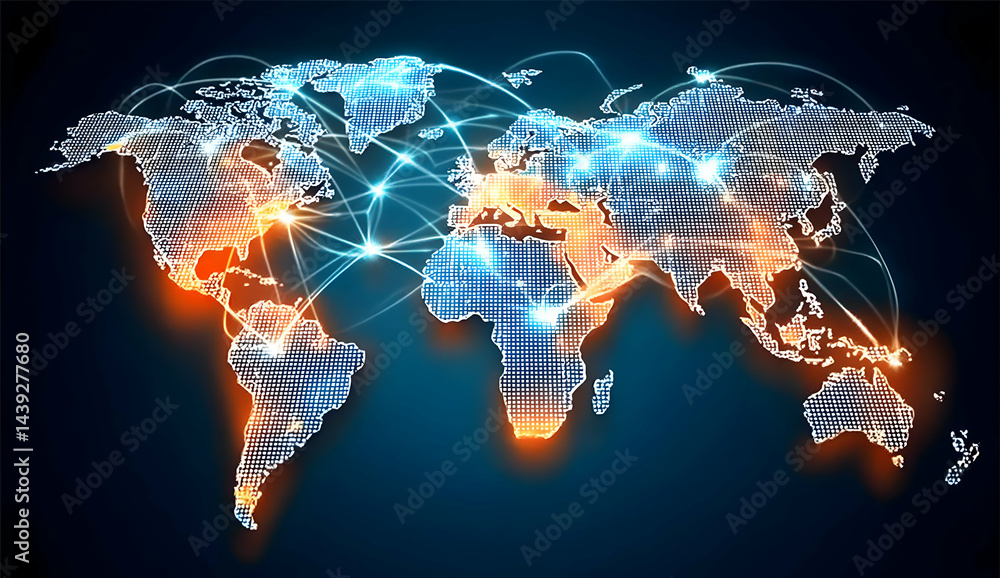 Poster a digital map of the world with glowing connections, representing global networking, communication, 