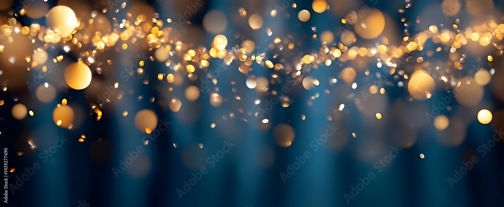 Poster a captivating display of shimmering golden bokeh lights against a deep blue backdrop, perfect for ad