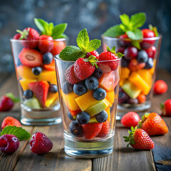 close up of fruits in glass on table