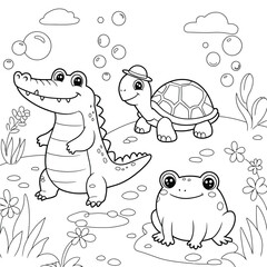 Cute funny crocodile, turtle and frog for coloring. Template for a coloring book with funny animals. Coloring page for kids.