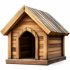 A beautifully crafted wooden dog house, featuring a unique design with a sloped roof and cozy entrance, perfect for pet comfort and shelter.