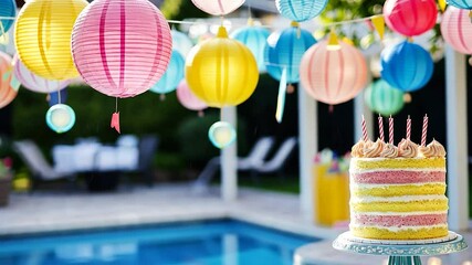 Colorful party decorations with birthday cake by pool
