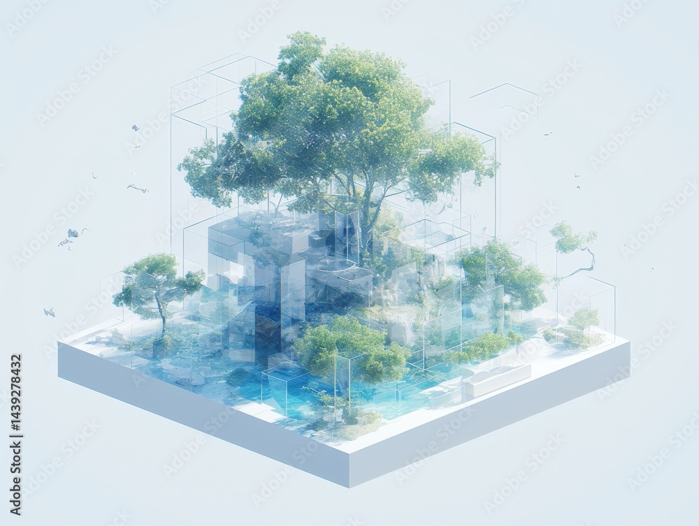 Poster isometric digital art of a tree and other plants within translucent geometric structures
