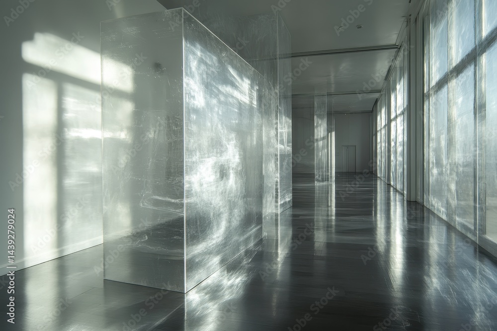 Poster sunlight streams through modern architectural hall with textured glass partitions. use this scene to