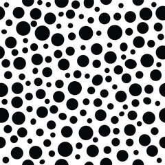Minimal black polka dot seamless pattern with various sized circles on white background perfect for modern fabric prints and wallpapers.