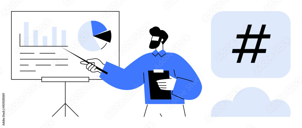 Poster man pointing at data charts on stand with clipboard in hand, next to metadata tag cloud visual. idea