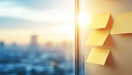 Sticky notes on a wall, city view