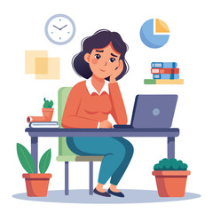Bored woman sitting at desk. Tired sad office worker. Procrastination, burnout and boredom concept. Depressed upset exhausted lazy student. Flat vector illustration isolated on white background