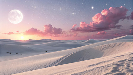 Majestic Twilight Desert Scene with Rolling Sand Dunes Under a Large Moonlit Sky, Featuring Ethereal Pink and Purple Clouds Illuminated by the Soft Glow of the Horizon