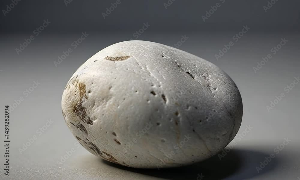 Poster smooth, oval-shaped stone resting on a neutral surface with soft lighting enhancing its texture