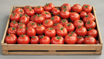 Many ripe red tomatoes in wooden crate on grey