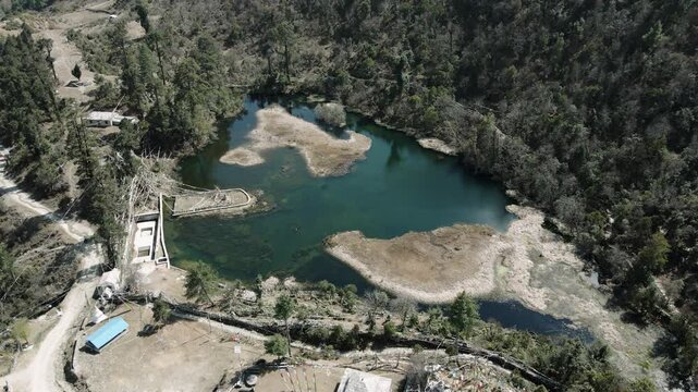 drone view of Mountain Parbati lake in Gatlang, Rasuwa, Nepal.