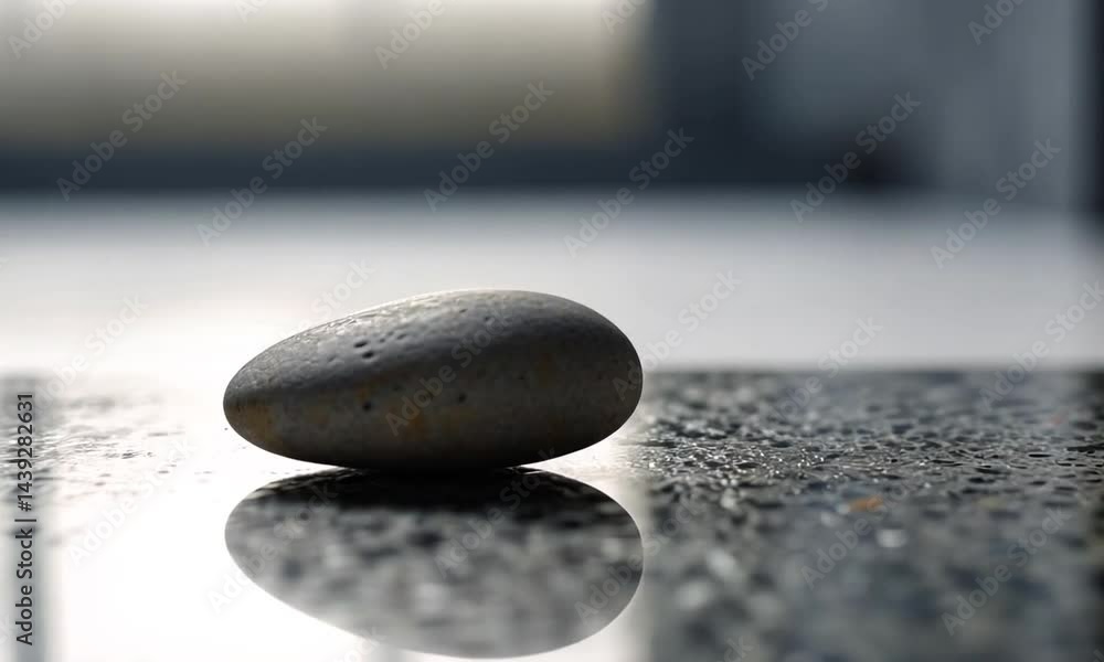Aufkleber smooth stone resting on a reflective surface with a blurred background and soft lighting