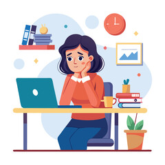 Bored woman sitting at desk. Tired sad office worker. Procrastination, burnout and boredom concept. Depressed upset exhausted lazy student. Flat vector illustration isolated on white background