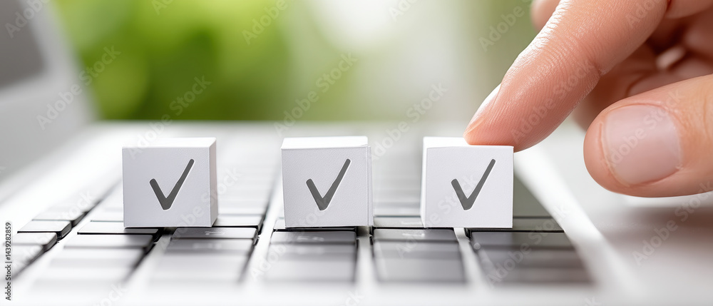 Aufkleber efficient task management is represented by hand ticking checkboxes on keyboard, symbolizing product