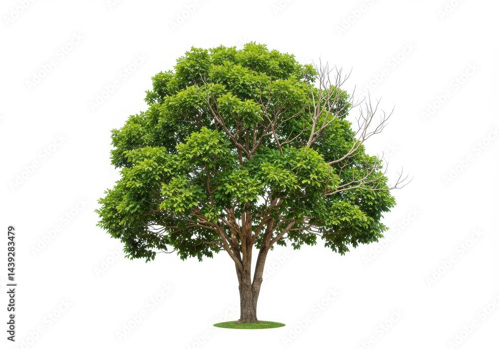 Poster a single tree with green leaves and some bare branches isolated against a white background view