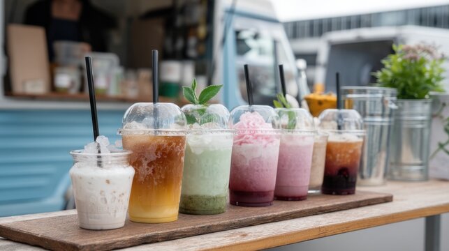National Iced Tea Month. Colorful assortment of refreshing iced beverages on display at outdoor food stall