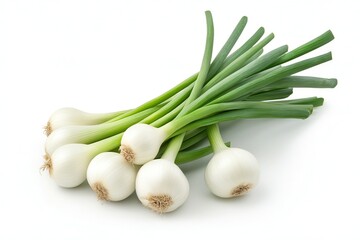 Fresh green onions arranged neatly on a white background, ideal for culinary use (1)