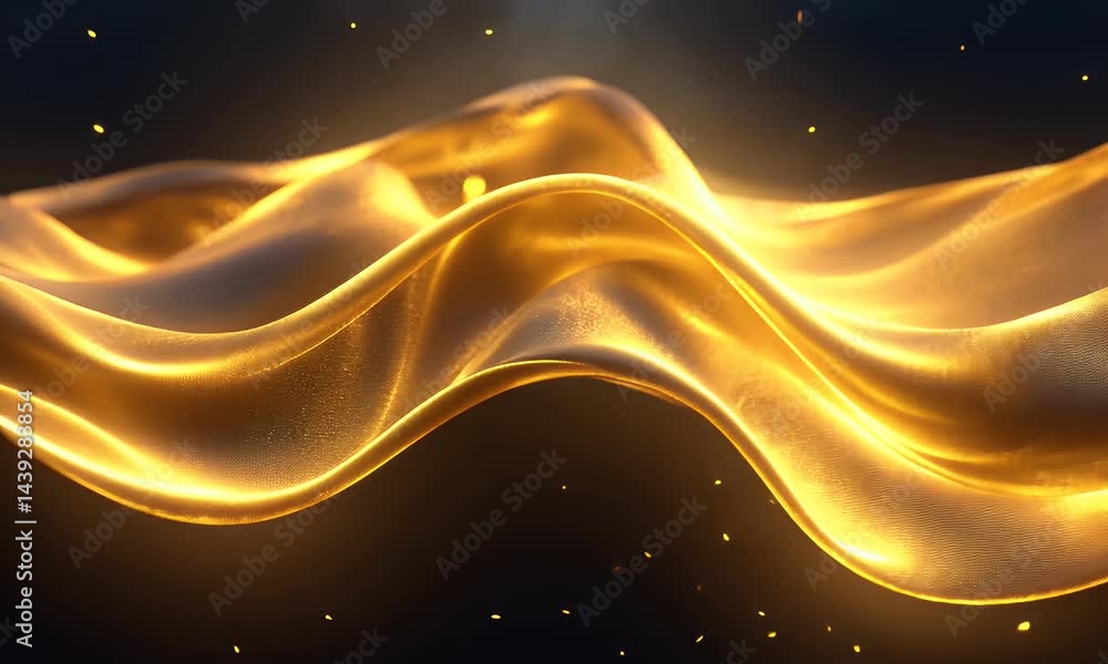 Poster a golden wave of energy flowing from left to right on a black background, with glowing light effects