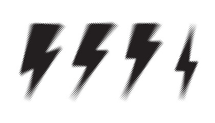 Black halftone grunge lightning bolts set. black dotted flash thunderbolt. dotted thunder bolt symbol collection