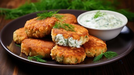 Crispy salmon patties with fresh dill and creamy dipping sauce on brown plate Salmon Croquettes With Dill Sauce National Food Month