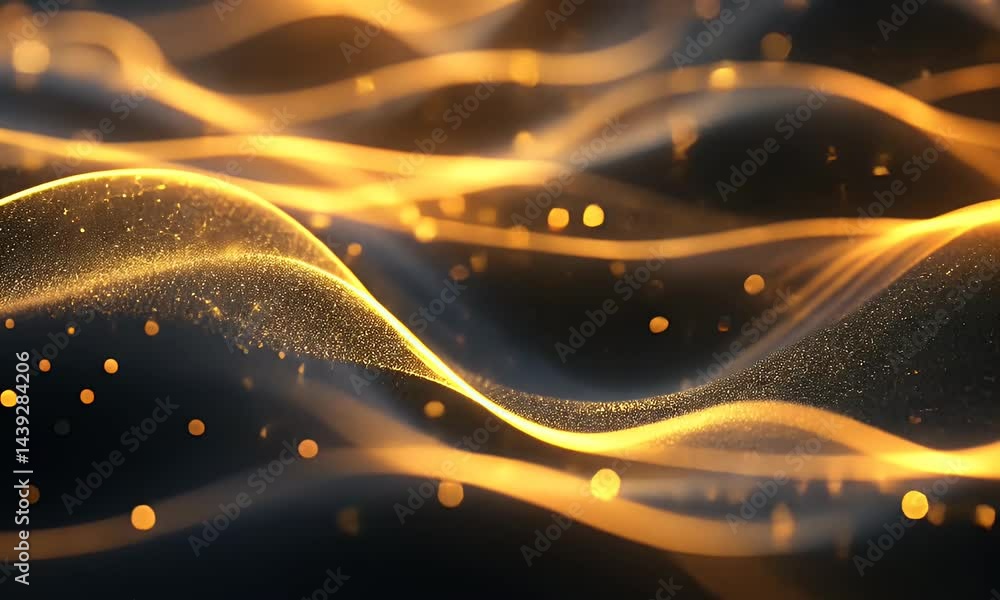 Poster a golden wave of energy flowing from left to right on a black background, with glowing light effects
