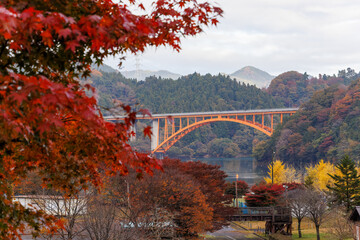 湖面の向こう側に大きな橋が見える。
紅葉に彩られた美しい宮ヶ瀬湖。

神奈川県清川村、早戸川林道-2025年
