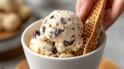Close-up of hand holding waffle cone with cookies and cream ice cream. No-Churn Mint Chocolate Chip Ice Cream