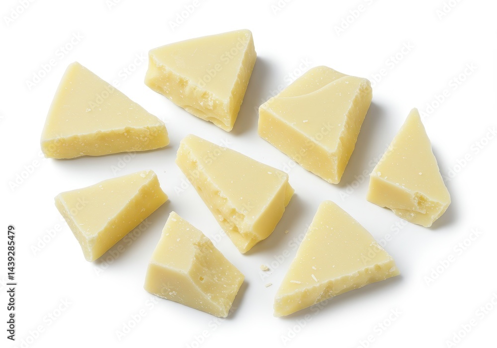 Poster a collection of triangular cheese pieces scattered on a white surface in a studio setting
