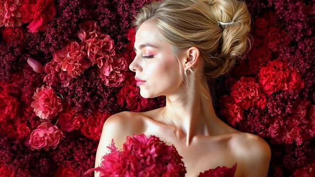 A woman in a red dress surrounded by red flowers 02