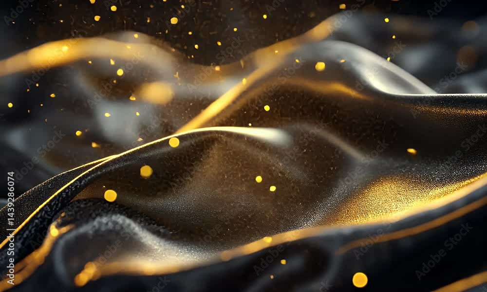 Poster a golden wave of energy flowing from left to right on a black background, with glowing light effects