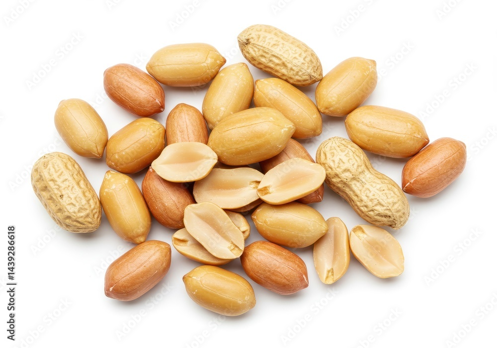 Poster a scattered pile of peanuts with and without shells on a white background in a studio setting