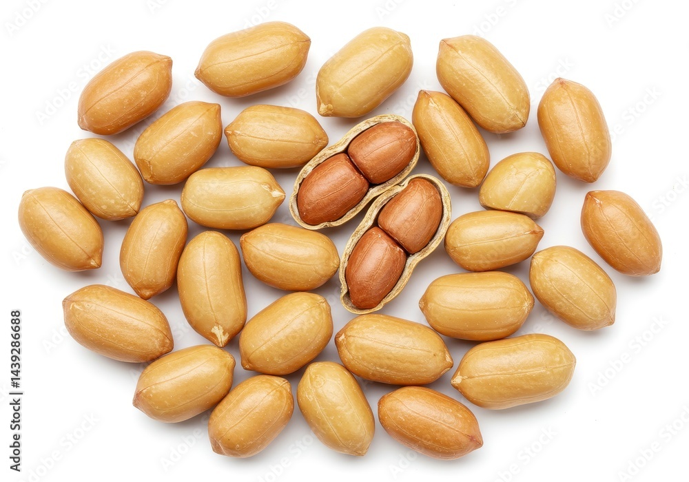 Poster a scattered arrangement of peanuts with one peanut shell opened revealing the nuts inside it all on 