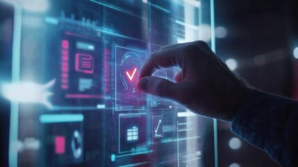 Hand interacts with holographic interface, city background, technology approval