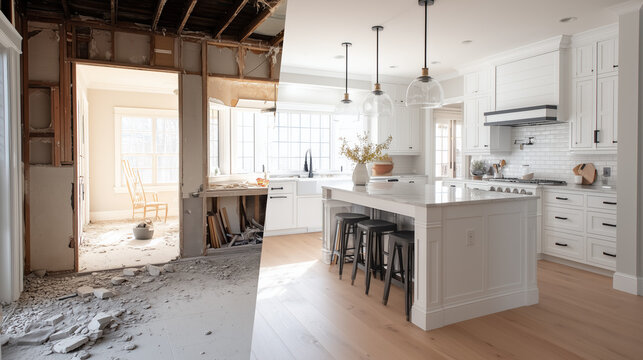 Before and after split view of a home kitchen renovation showing transformation from demolition to modern finish