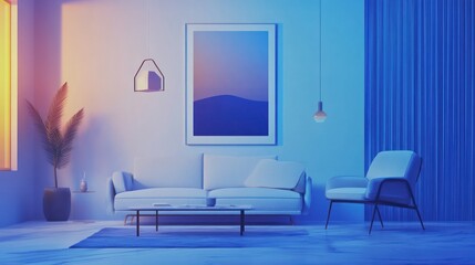 Modern living room, sunset view, blue-toned lighting, calm atmosphere, interior design