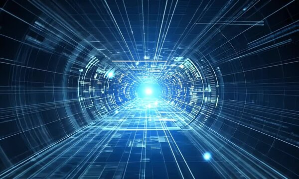 Digital technology background with blue light rays and binary code on a dark, abstract digital space, an AI or data center concept